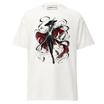 Front view of the White Crowsworn Crimson Wraith T-shirt with gothic dark fantasy graphic