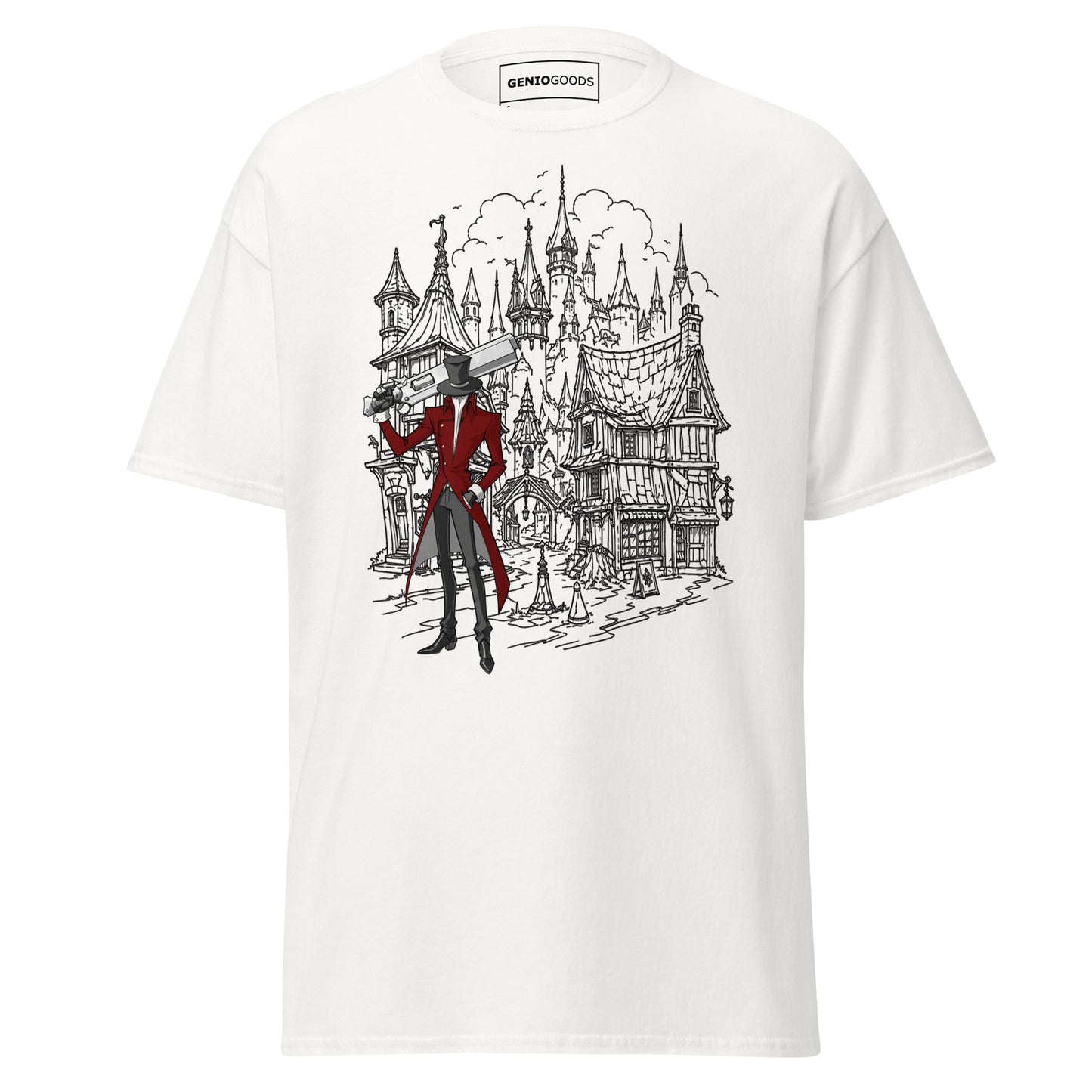 Front view of the White Crowsworn Gothic Hunter T-shirt with dark fantasy ruined kingdom graphic