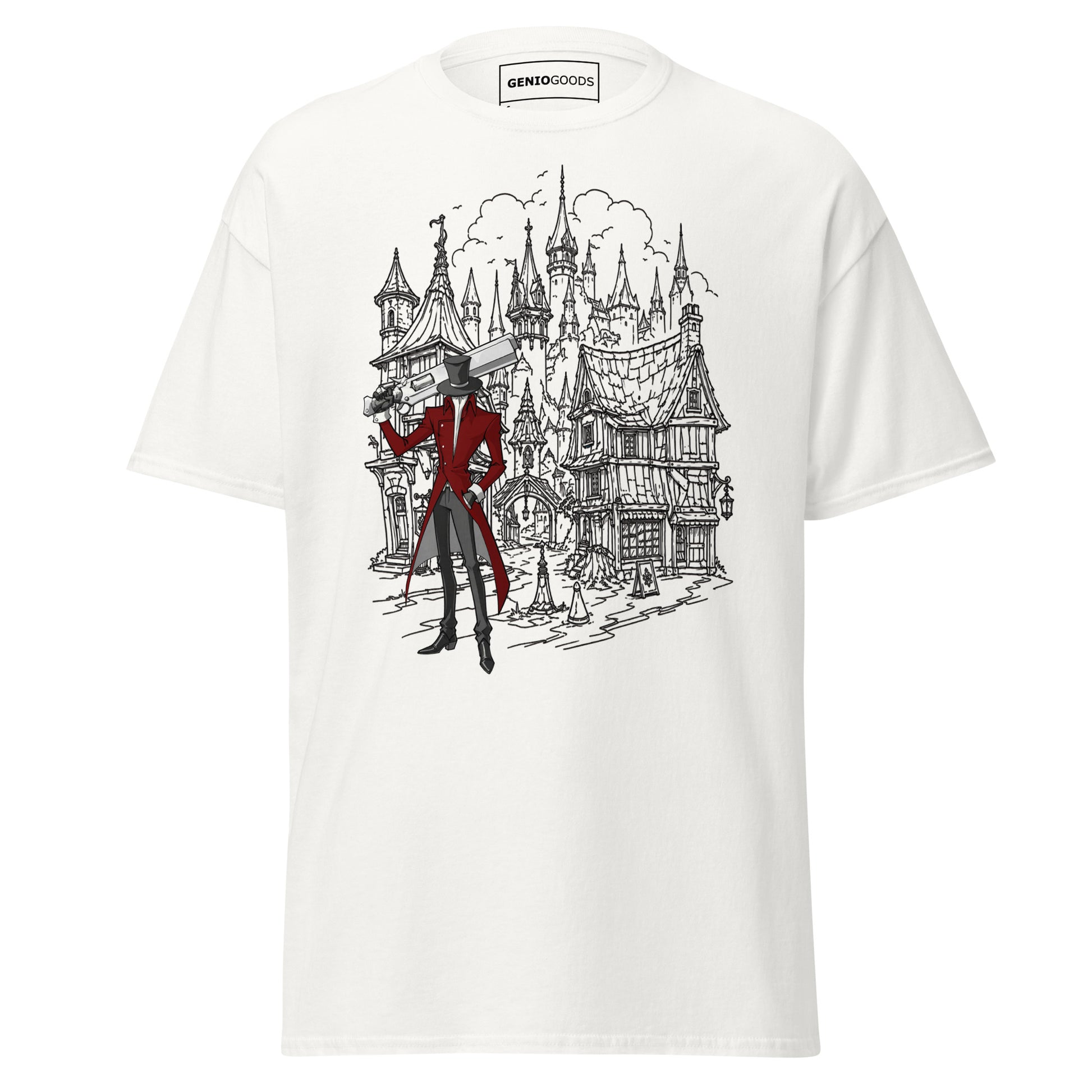 Front view of the White Crowsworn Gothic Hunter T-shirt with dark fantasy ruined kingdom graphic