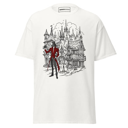 Front view of the White Crowsworn Gothic Hunter T-shirt with dark fantasy ruined kingdom graphic