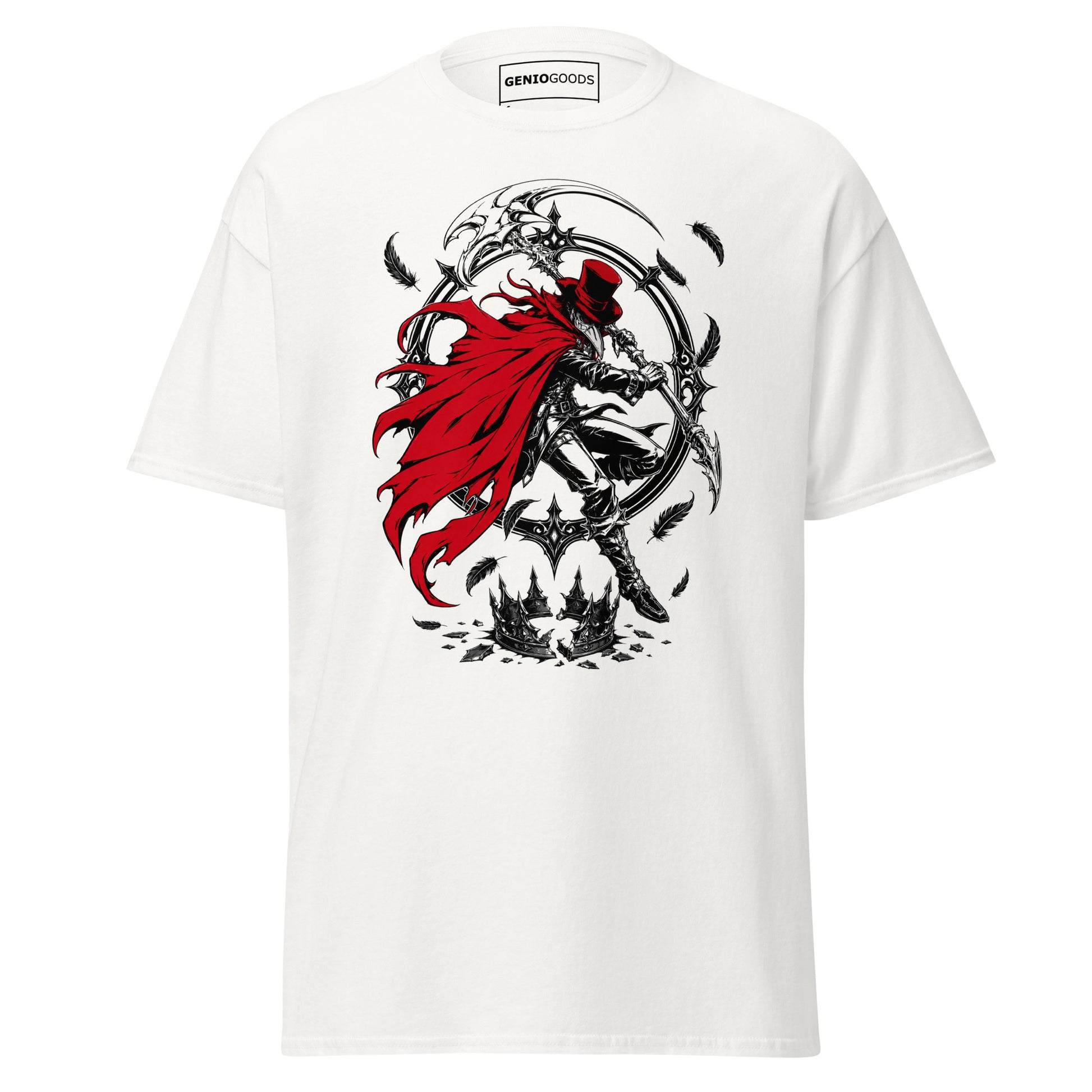 White Crowsworn Crimson Scythe T-shirt with red-caped warrior, raised scythe, dark feathers and gothic fantasy artwork.