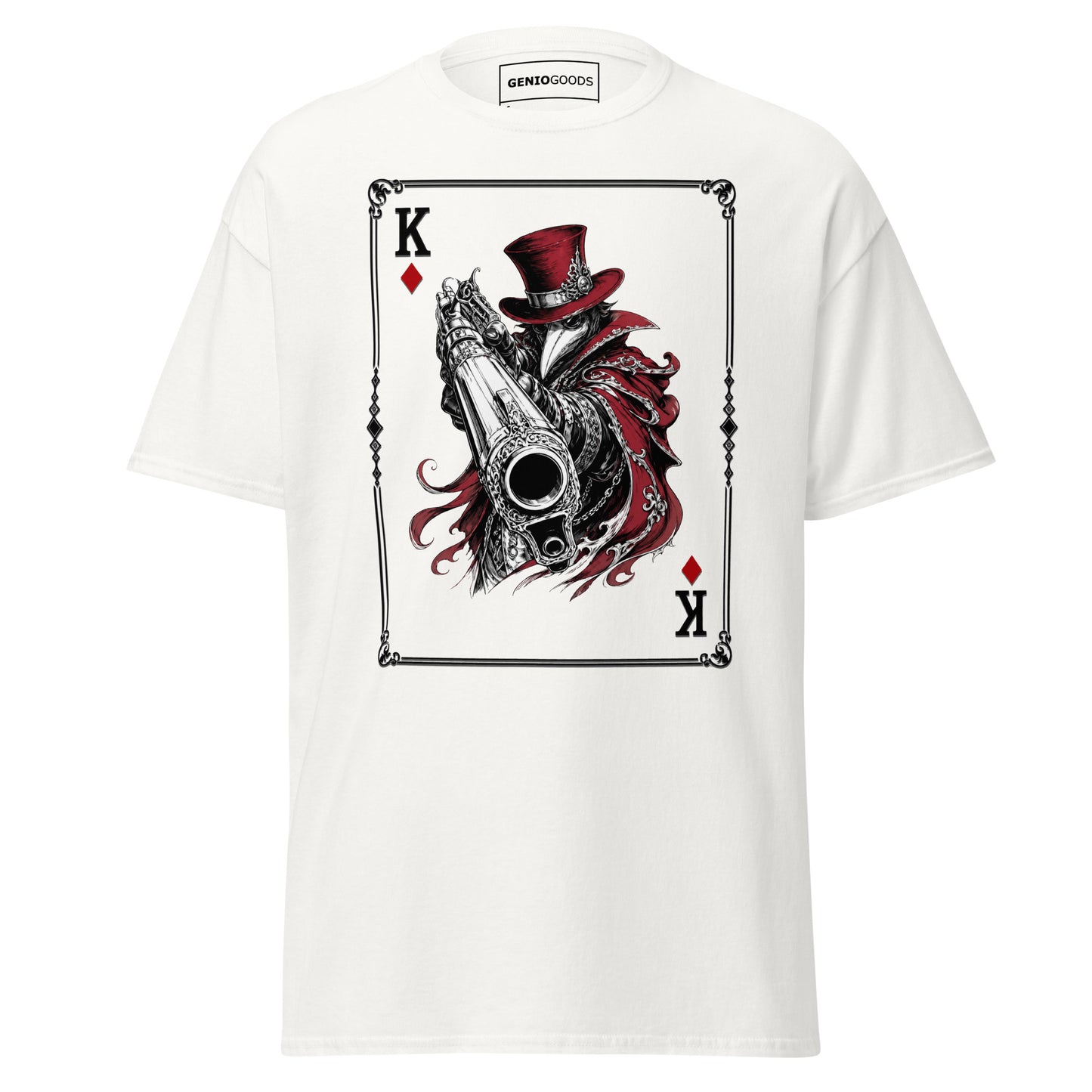 Front view of the White Crowsworn King of Diamonds T-shirt with crimson gambit card graphic