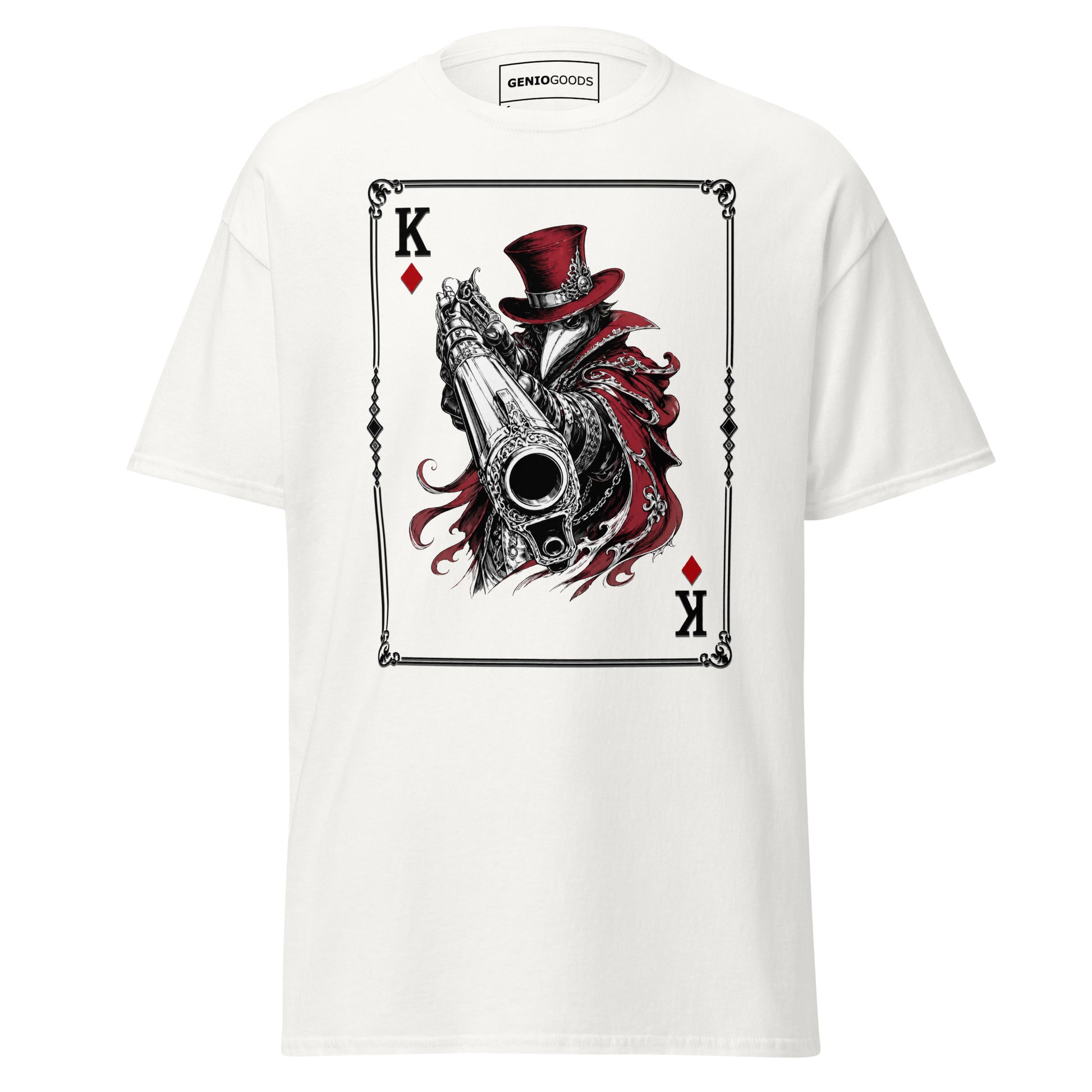 Front view of the White Crowsworn King of Diamonds T-shirt with crimson gambit card graphic