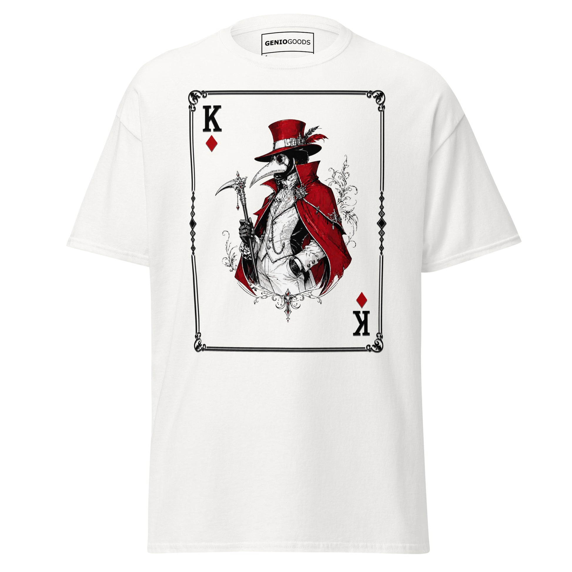 Front view of the White Crowsworn Masked King T-shirt with crimson card graphic