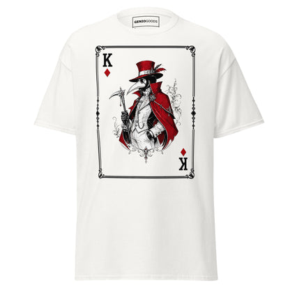 Front view of the White Crowsworn Masked King T-shirt with crimson card graphic