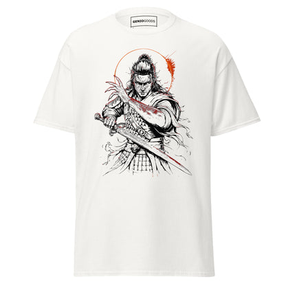 Front view of The Blood of Dawnwalker Coen Sword T-Shirt with Coen blade artwork on a White tee