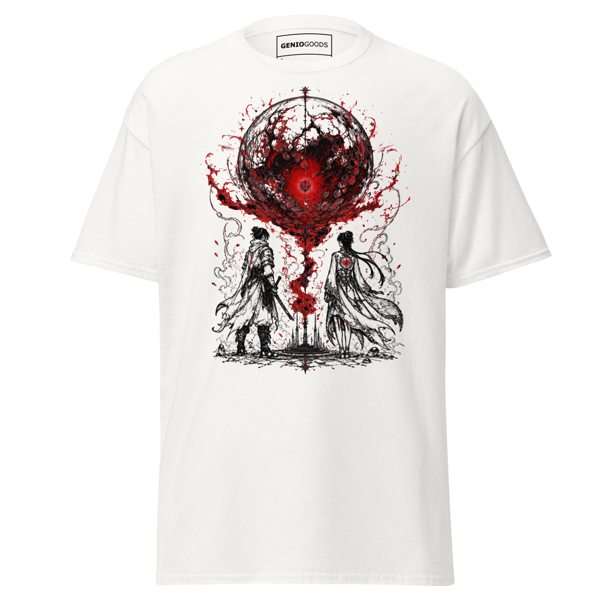 Front view of The Blood of Dawnwalker Crimson Eclipse T-Shirt with crimson eclipse artwork across the front of the tee