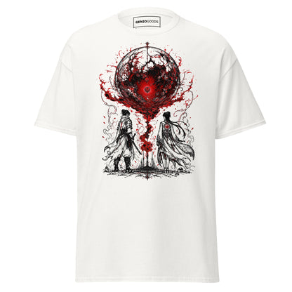 Front view of The Blood of Dawnwalker Crimson Eclipse T-Shirt with crimson eclipse artwork across the front of the tee