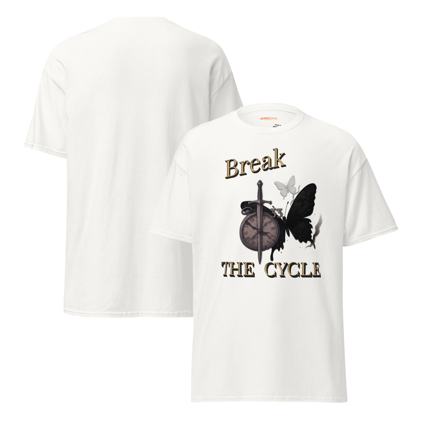 front and back view of White Expedition 33 Break the Cycle graphic t-shirt inspired by Clair Obscur Expedition 33.