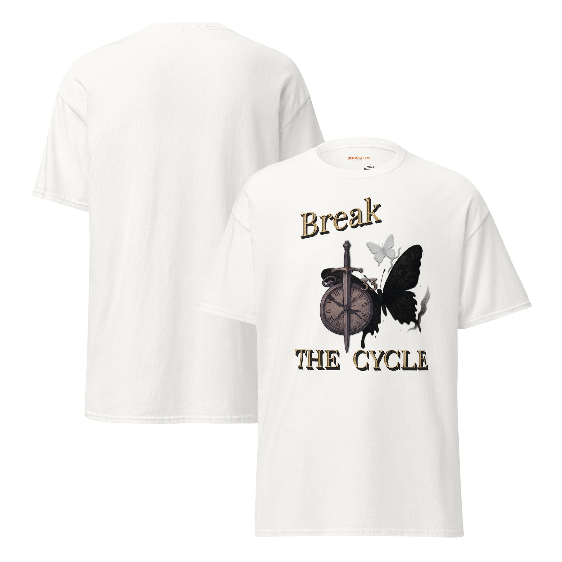 front and back view of White Expedition 33 Break the Cycle graphic t-shirt inspired by Clair Obscur Expedition 33.