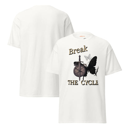front and back view of White Expedition 33 Break the Cycle graphic t-shirt inspired by Clair Obscur Expedition 33.