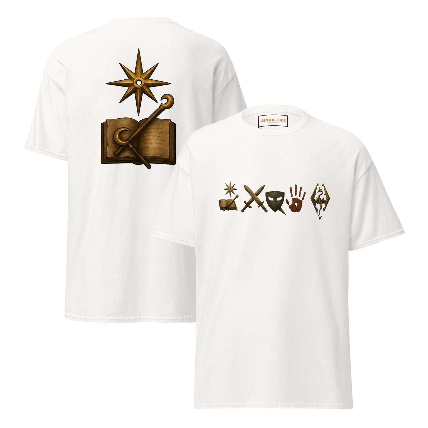 Front and back view of the White Oblivion Mages Guild Shirt – Arcane Emblem Design with chest symbols and large back graphic