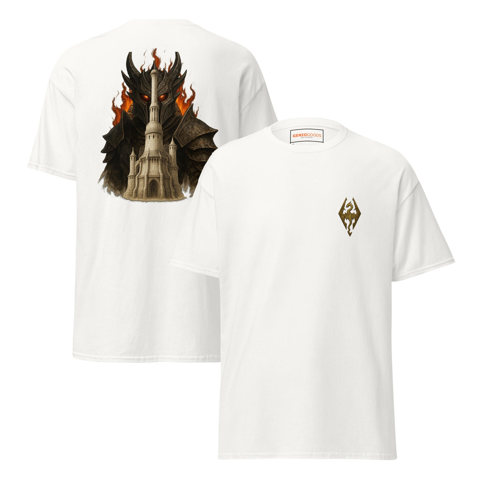 Front and back view of the White Oblivion Imperial City Shirt – White Gold Tower Design with chest sigil and large White Gold Tower back graphic