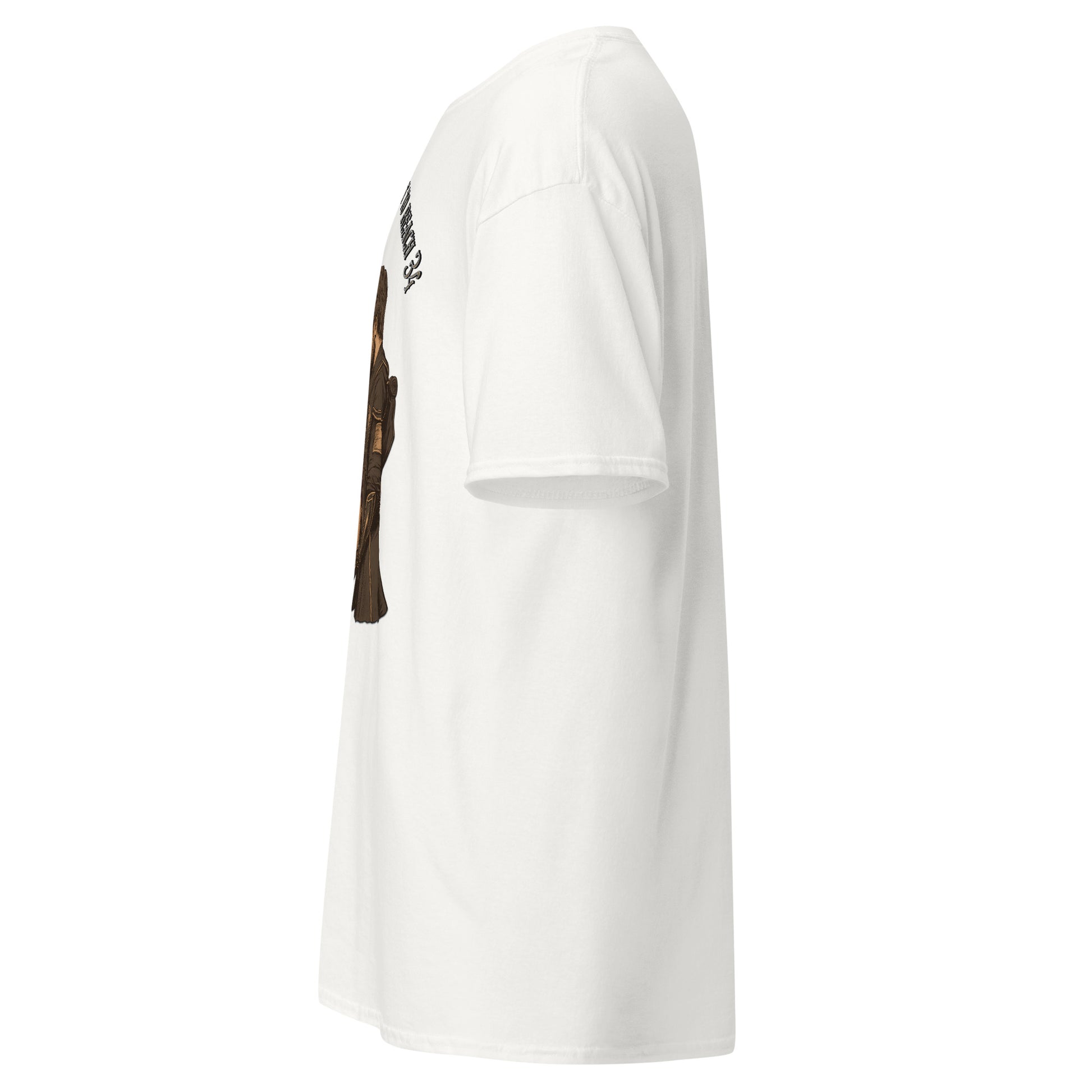 side view of White Expedition 33 We Were Never Meant to Reach 34 graphic t-shirt inspired by Clair Obscur Expedition 33.