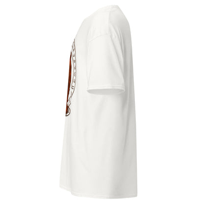 Left side view of the White Oblivion Gate T Shirt – Fiery Portal Design highlighting side silhouette and fit