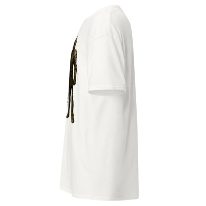 Left side view of the White White Oblivion Guard Shirt – Stop Right There Quote highlighting side silhouette and fit