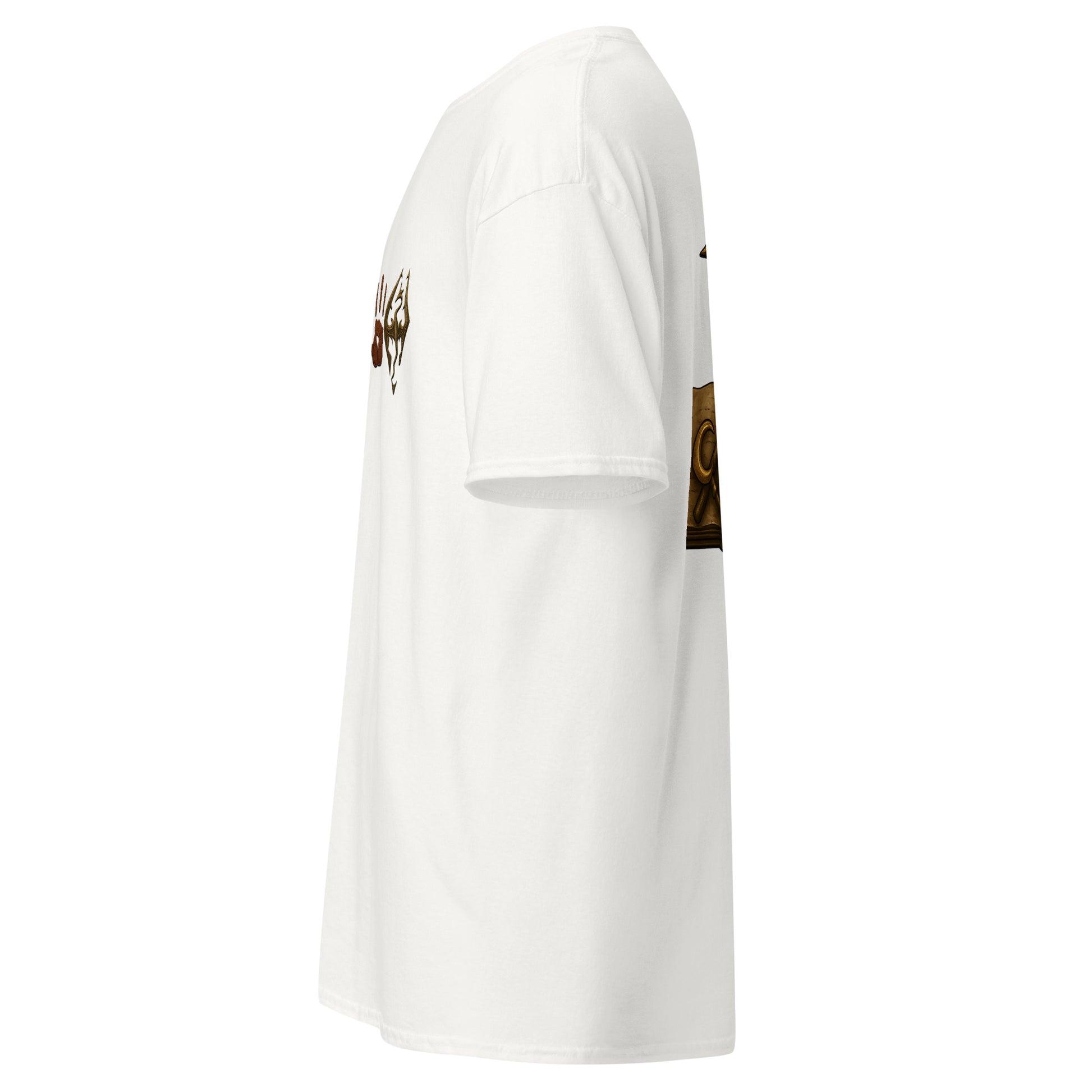 Left side view of the White Oblivion Mages Guild Shirt – Arcane Emblem Design highlighting side silhouette and fit