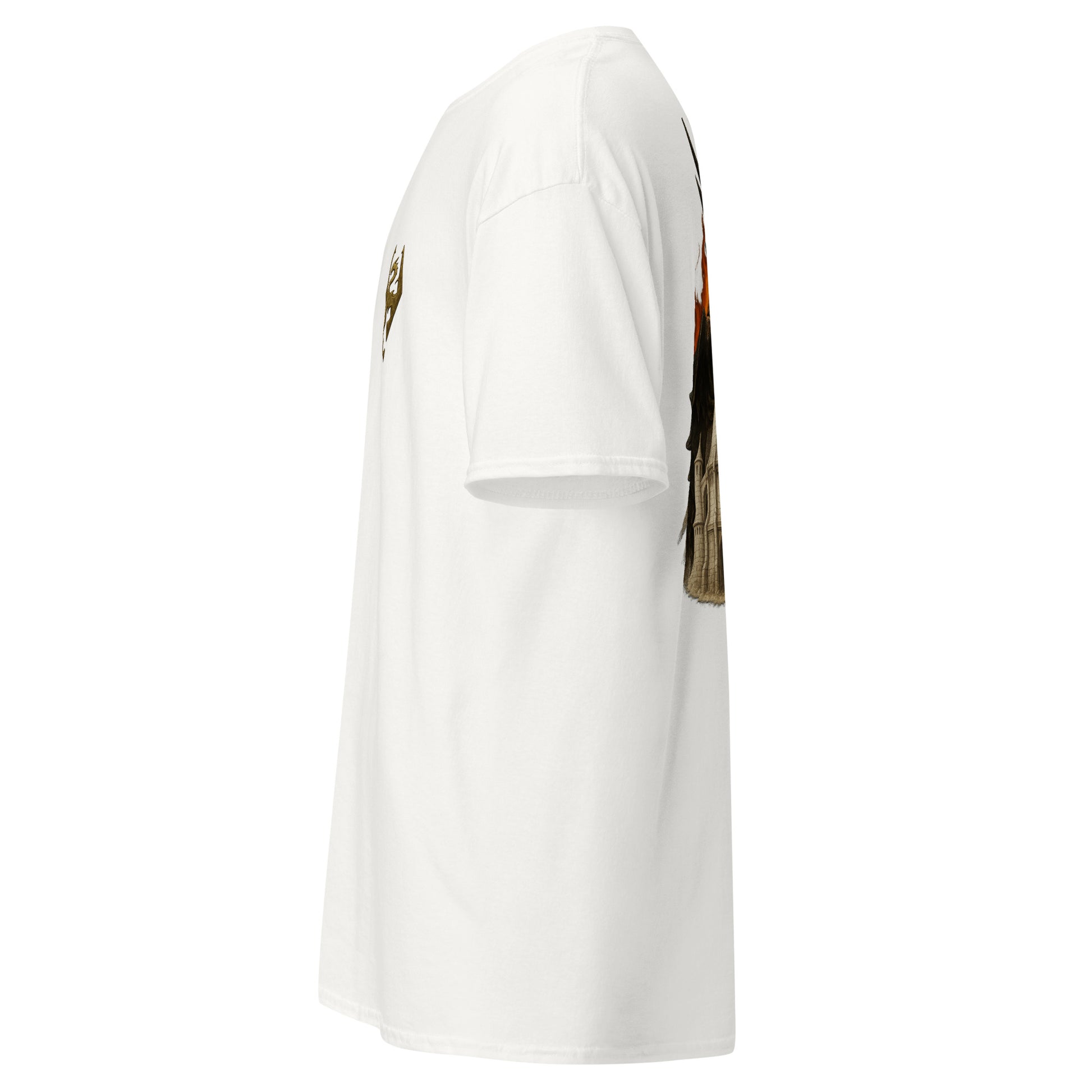 Left side view of the White Oblivion Imperial City Shirt – White Gold Tower Design highlighting side silhouette and fit