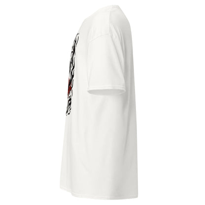 side view of White Silksong Hornet Dark Flame graphic t-shirt inspired by Hollow Knight Silksong.