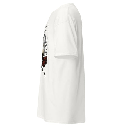 Side view of white Hollow Knight Silksong Duel in the Web graphic t-shirt inspired by Hollow Knight Silksong.