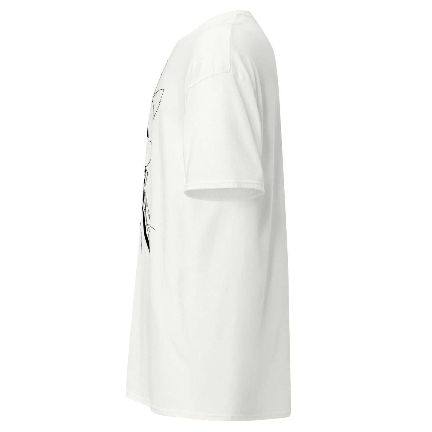 Left side view of the white Nine Sols Silent Resolve Taopunk Portrait T-Shirt with partial front portrait visible along the side
