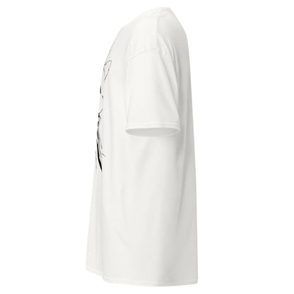 Left side view of the white Nine Sols Silent Resolve Taopunk Portrait T-Shirt with partial front portrait visible along the side