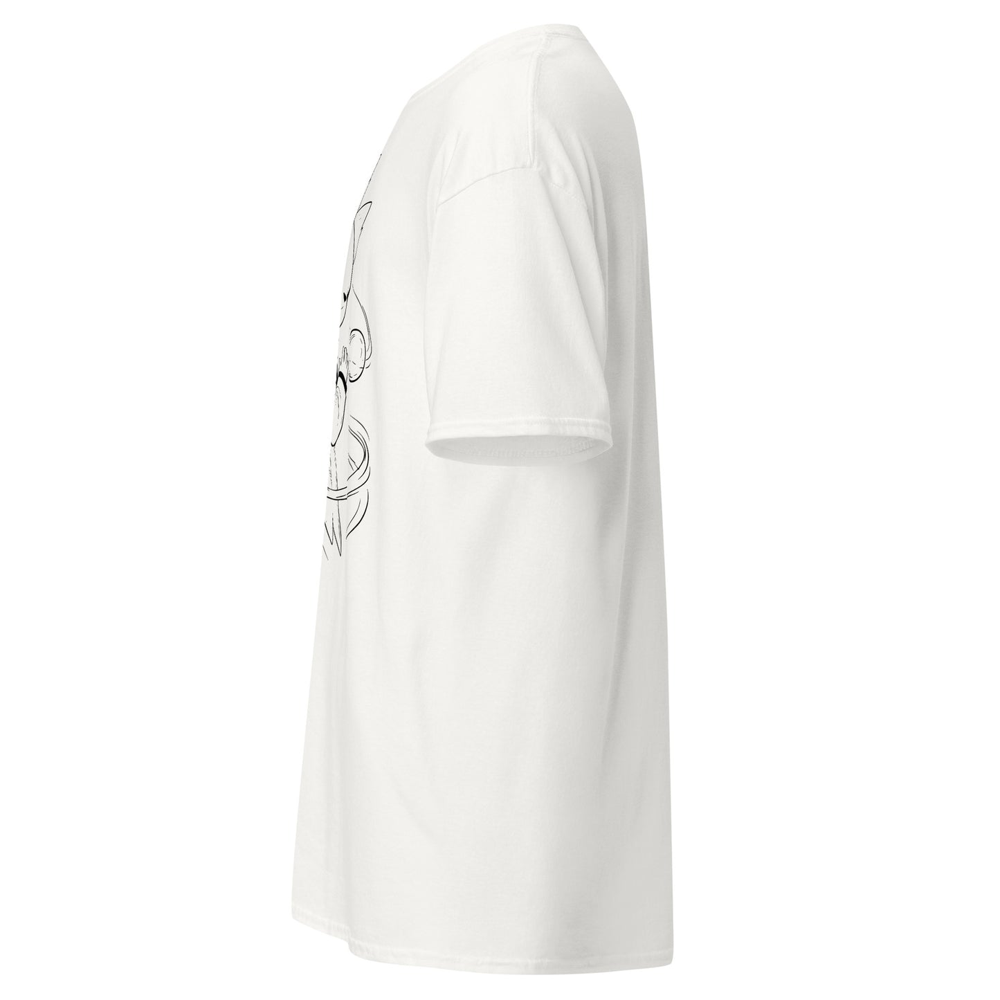 Left side view of the white Nine Sols Orbiting Focus Taopunk Motion graphic tee with partial front design visible along the side