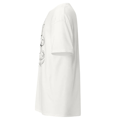 Left side view of the white Nine Sols Orbiting Focus Taopunk Motion graphic tee with partial front design visible along the side