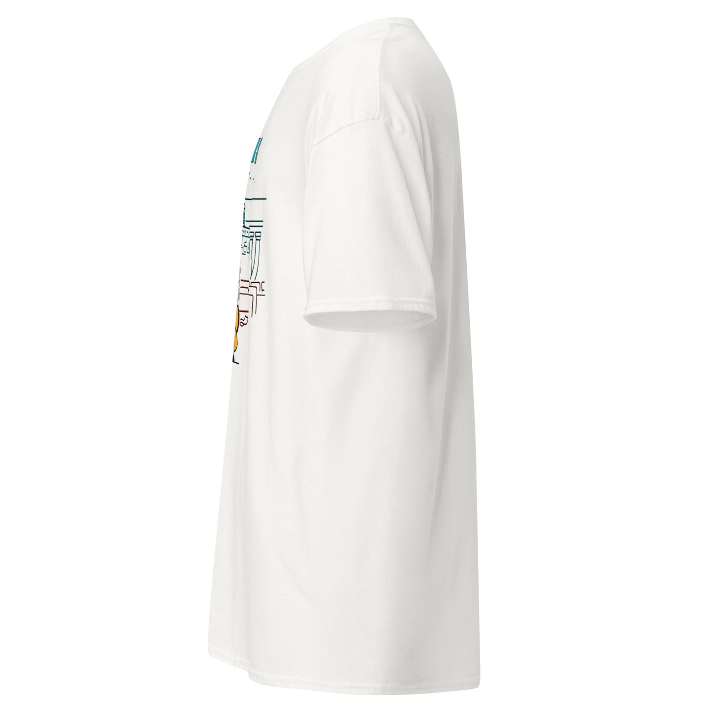 Left side view of the white Nine Sols Taopunk Tee Shrine of Silent Presence with partial front design visible along the side