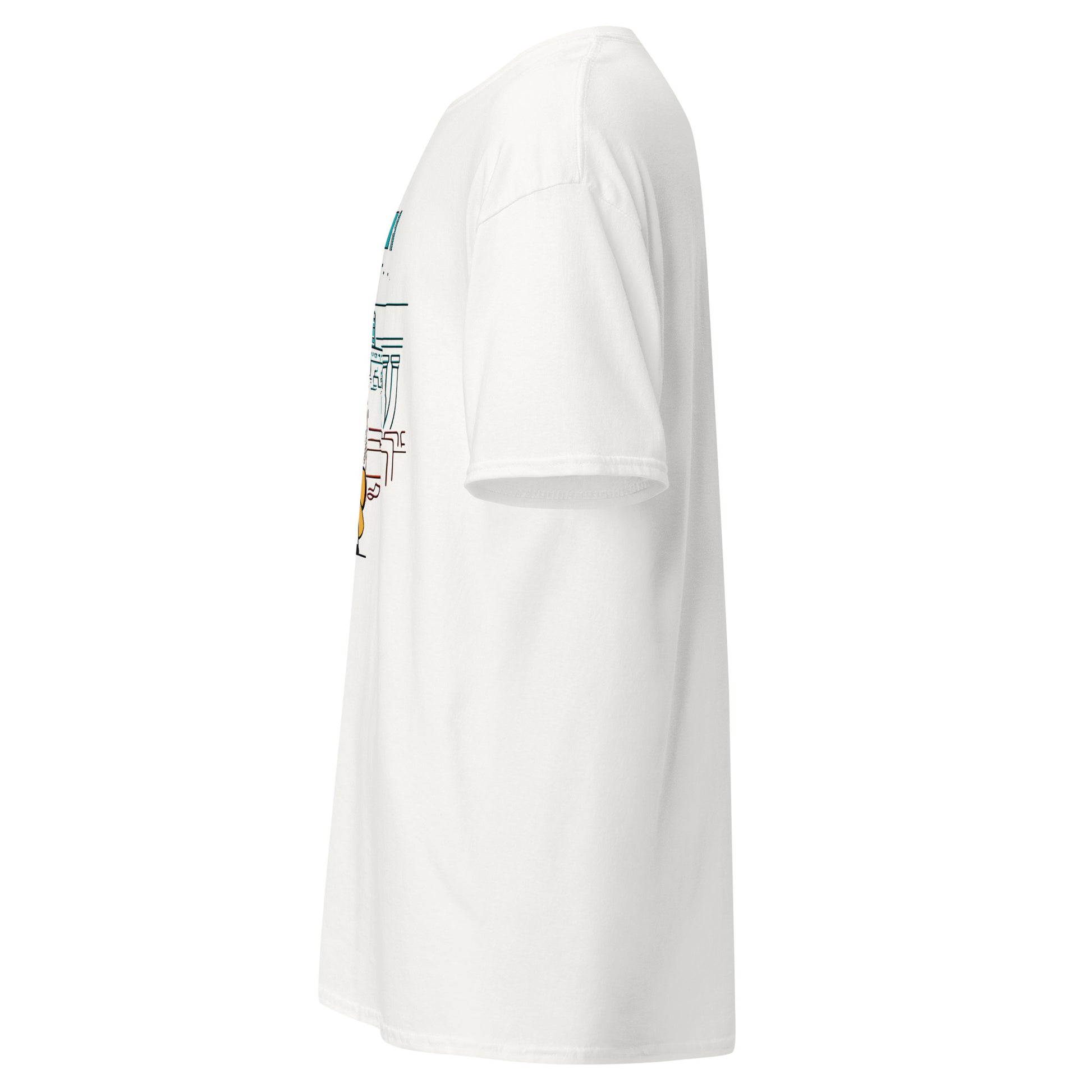 Left side view of the white Nine Sols Taopunk Tee Shrine of Silent Presence with partial front design visible along the side