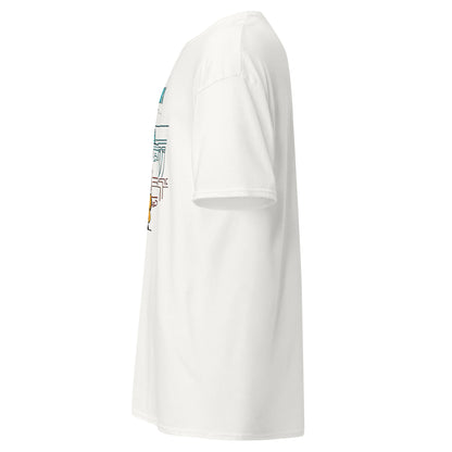 Left side view of the white Nine Sols Taopunk Tee Shrine of Silent Presence with partial front design visible along the side