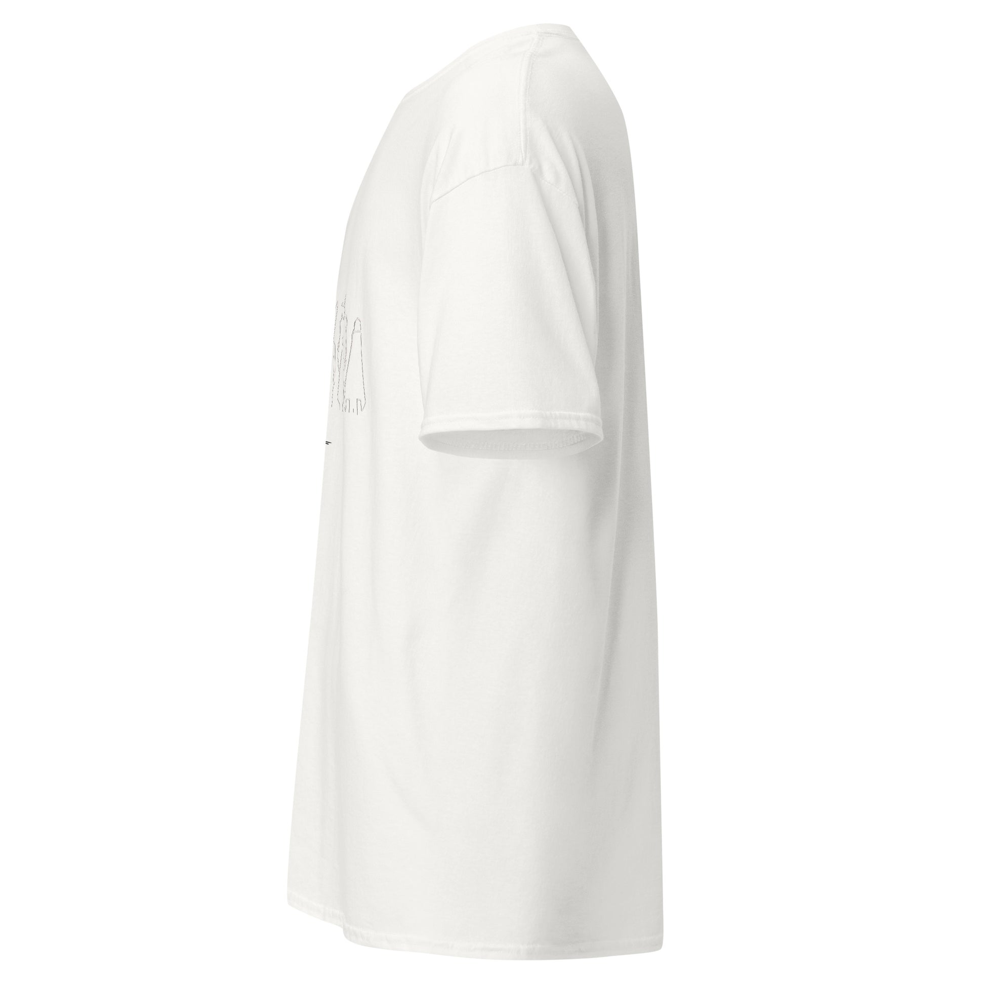 Left side view of the white Nine Sols Under the Golden Sol character tee with partial front design visible along the side