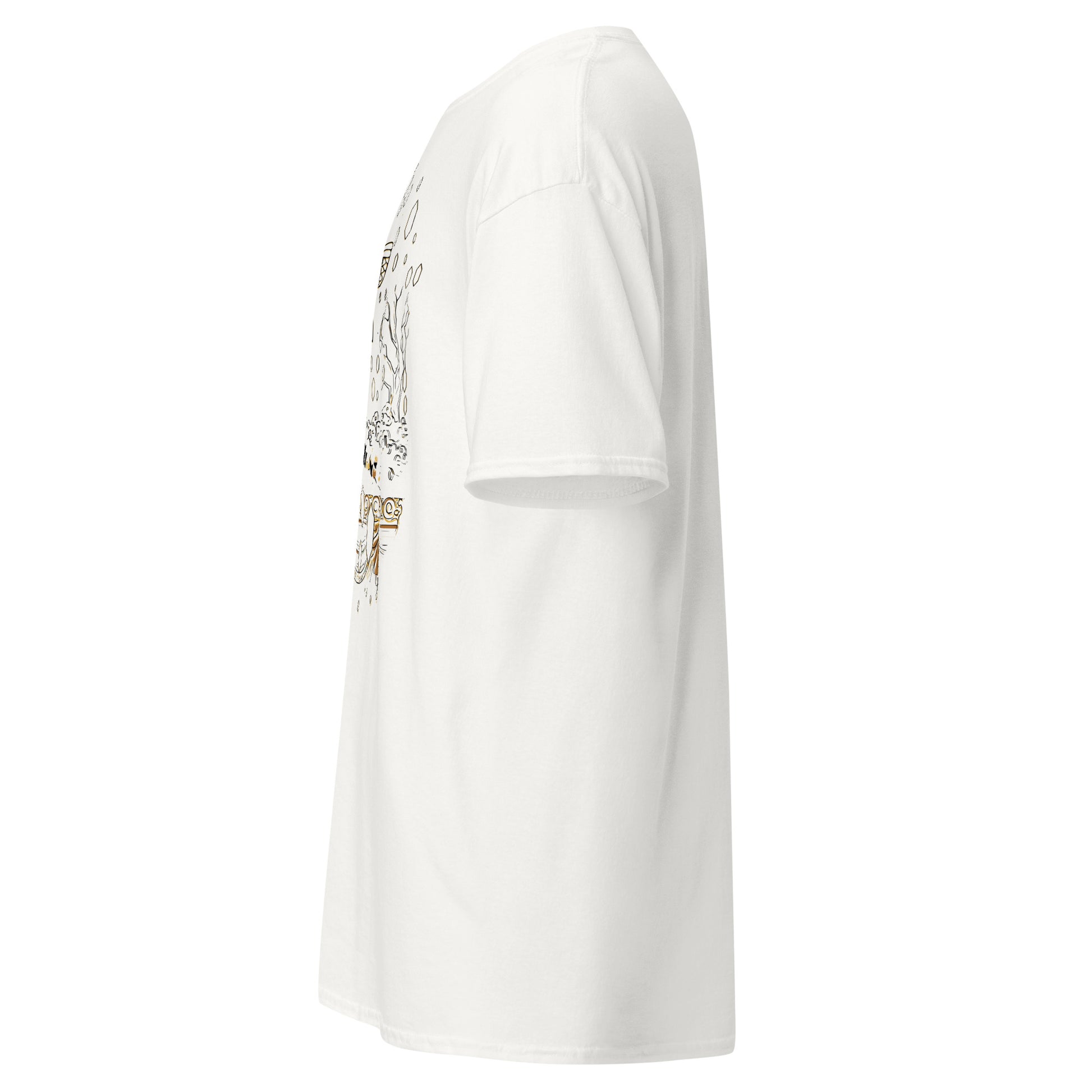 Left side view of the white Nine Sols Butterfly Tee Golden Echo with partial front design visible along the side