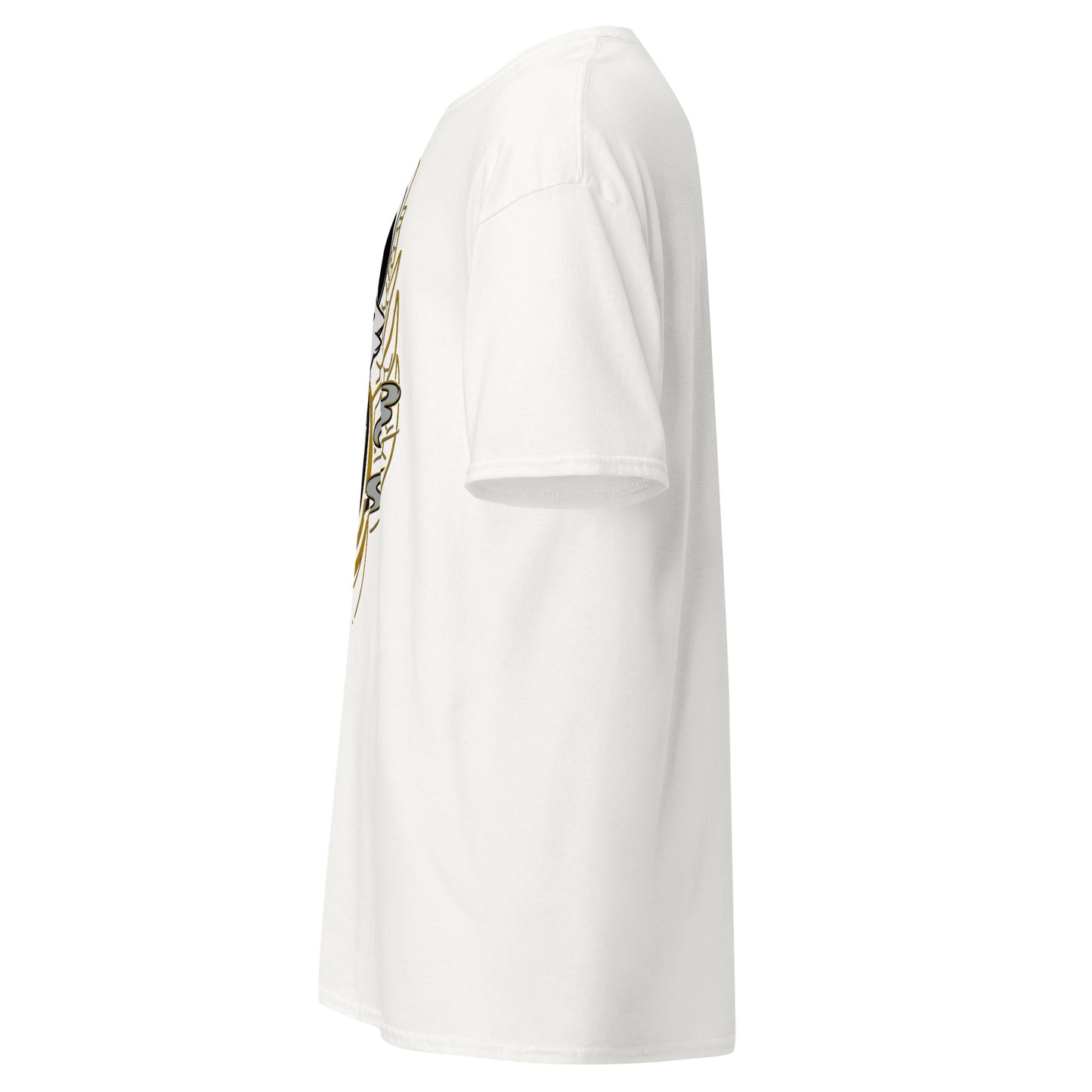 Left side view of the white Nine Sols Yin Yang Tee Balance Presence with partial front design visible along the side