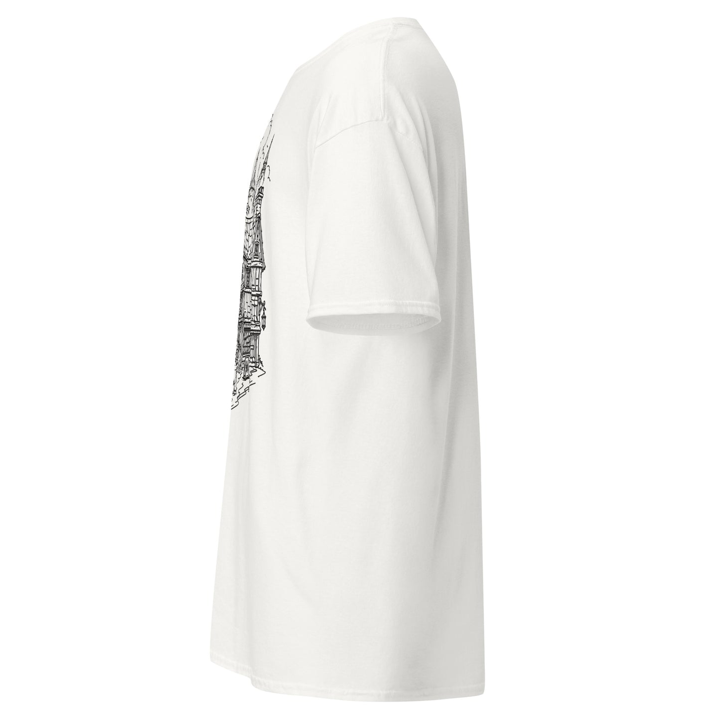 Left side view of the White Crowsworn Gothic Hunter T-shirt showing a relaxed unisex fit