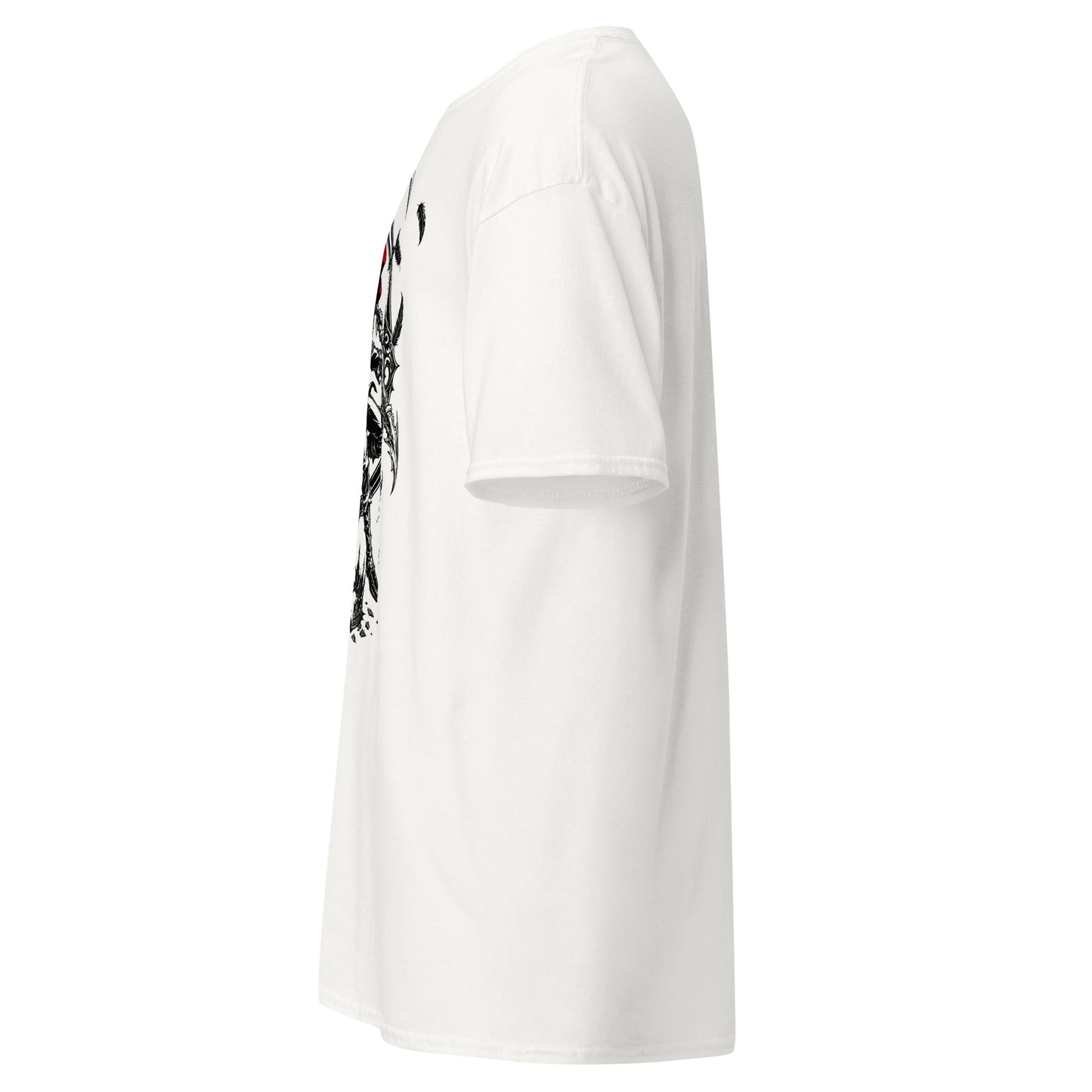 Side view of White Crowsworn Crimson Scythe T-shirt showing the sleeve, relaxed unisex fit and front artwork edge.