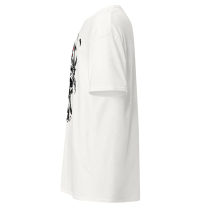 Side view of White Crowsworn Crimson Scythe T-shirt showing the sleeve, relaxed unisex fit and front artwork edge.
