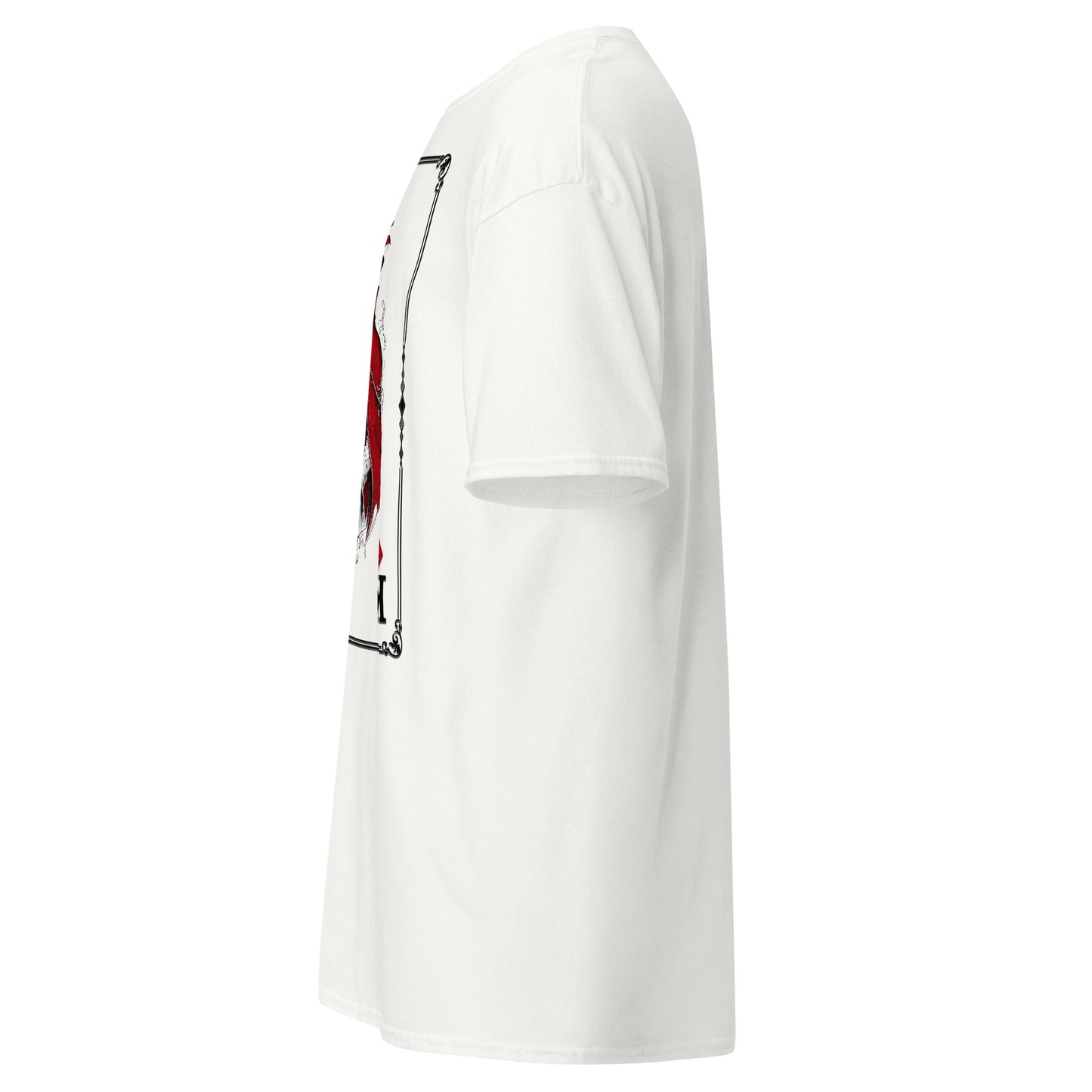 Left side view of the White Crowsworn Masked King T-shirt showing the side print detail