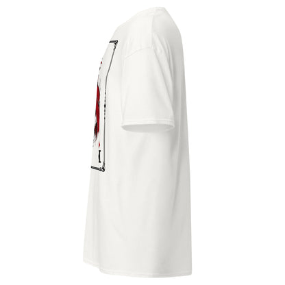 Left side view of the White Crowsworn Masked King T-shirt showing the side print detail