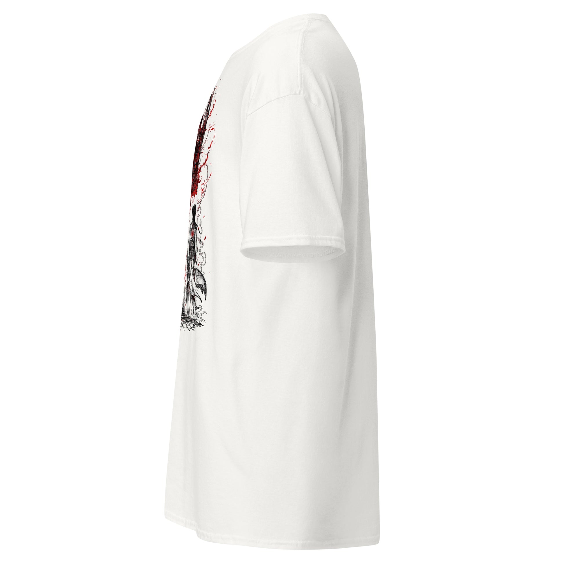 Right side view of The Blood of Dawnwalker Crimson Eclipse T-Shirt showing clean side silhouette and short sleeve structure