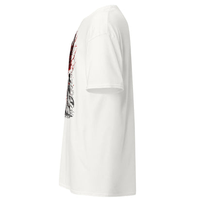 Right side view of The Blood of Dawnwalker Crimson Eclipse T-Shirt showing clean side silhouette and short sleeve structure