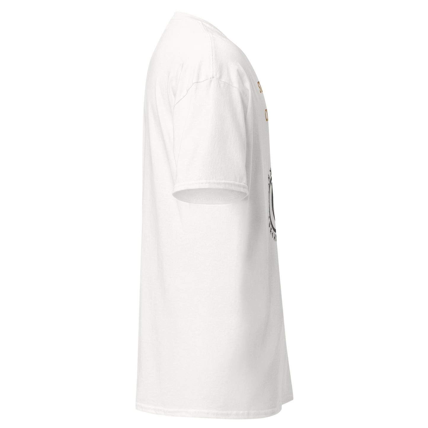Right side view of the White White Oblivion Guard Shirt – Stop Right There Quote showing side profile and sleeve shape