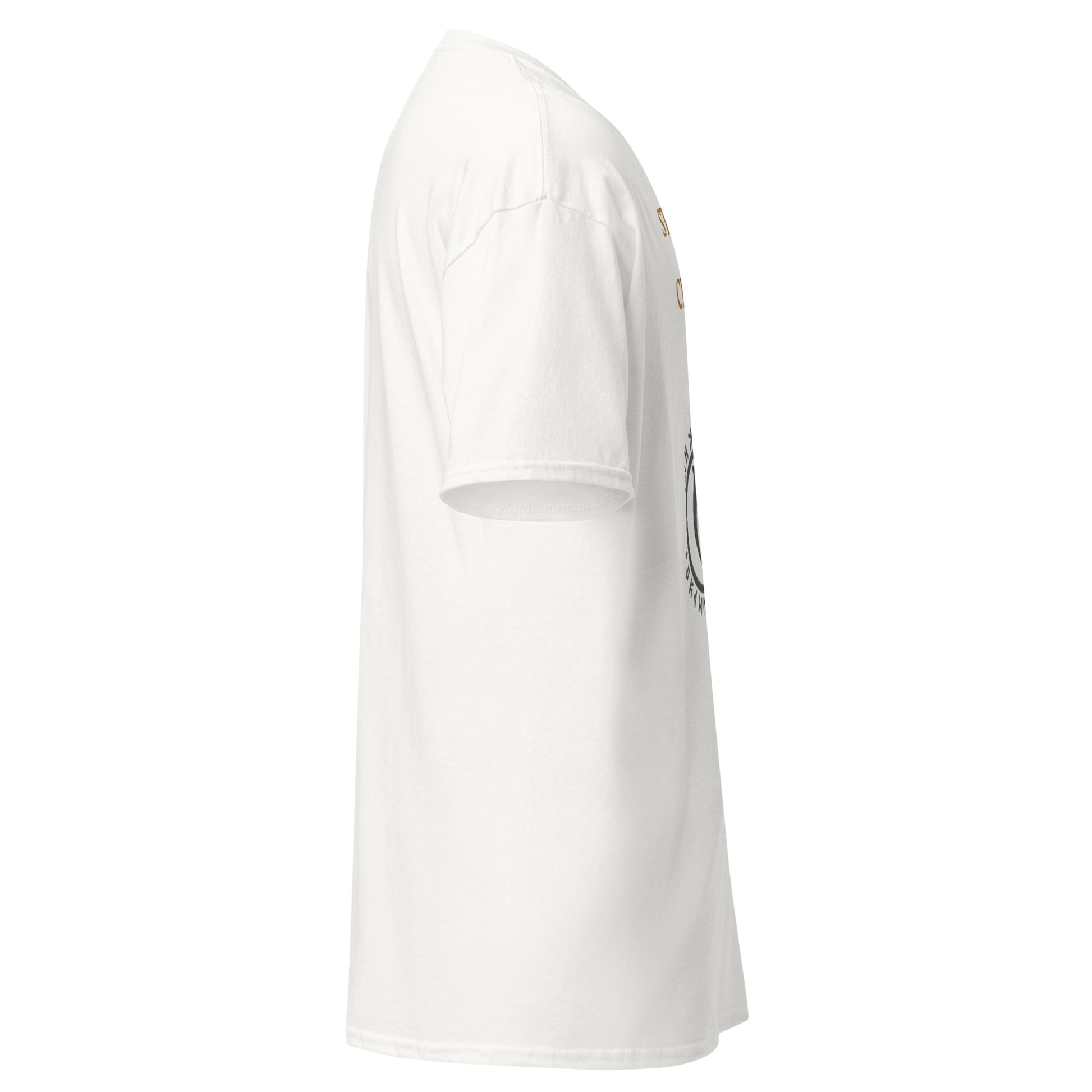 Right side view of the White White Oblivion Guard Shirt – Stop Right There Quote showing side profile and sleeve shape