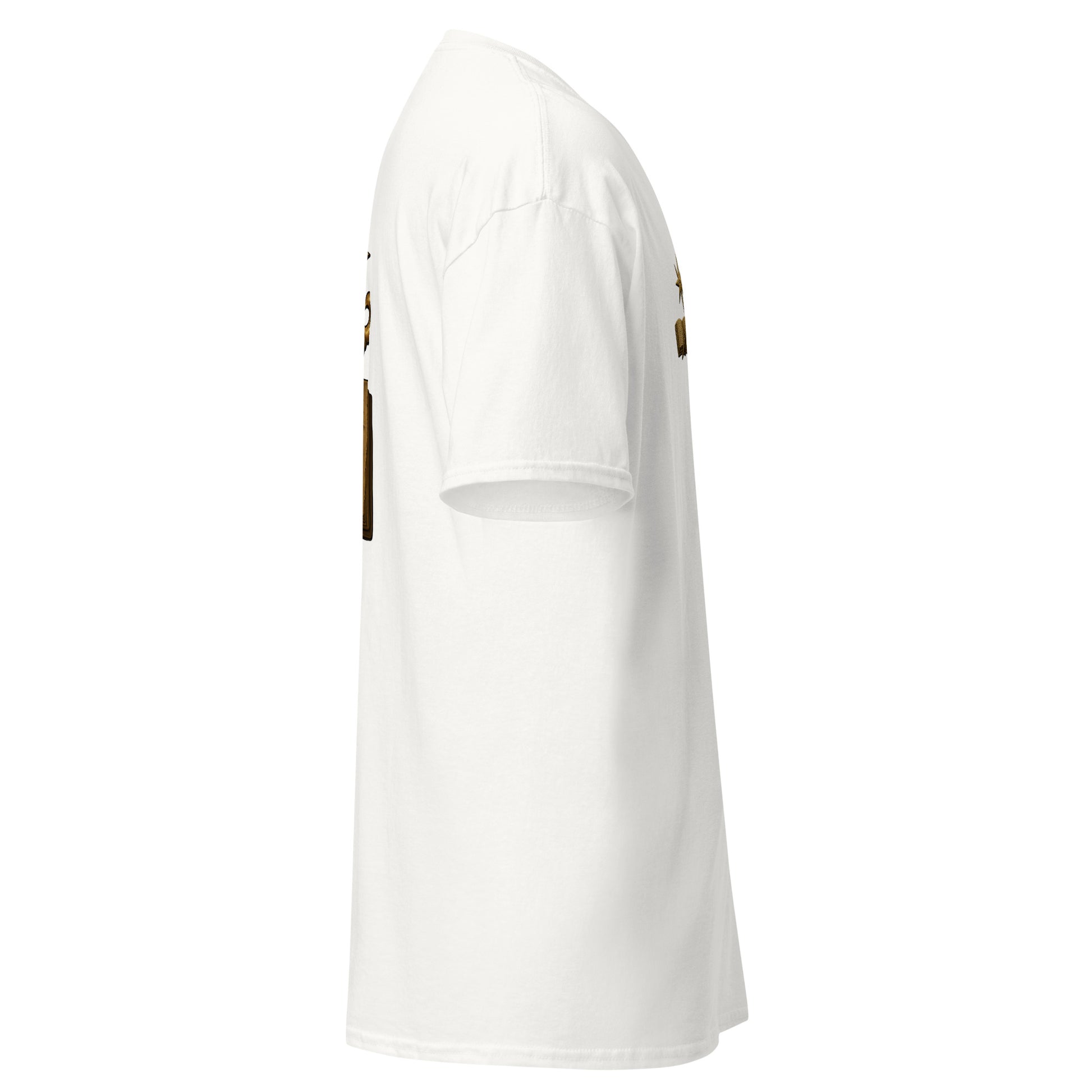 Right side view of the White Oblivion Mages Guild Shirt – Arcane Emblem Design showing side profile and sleeve shape