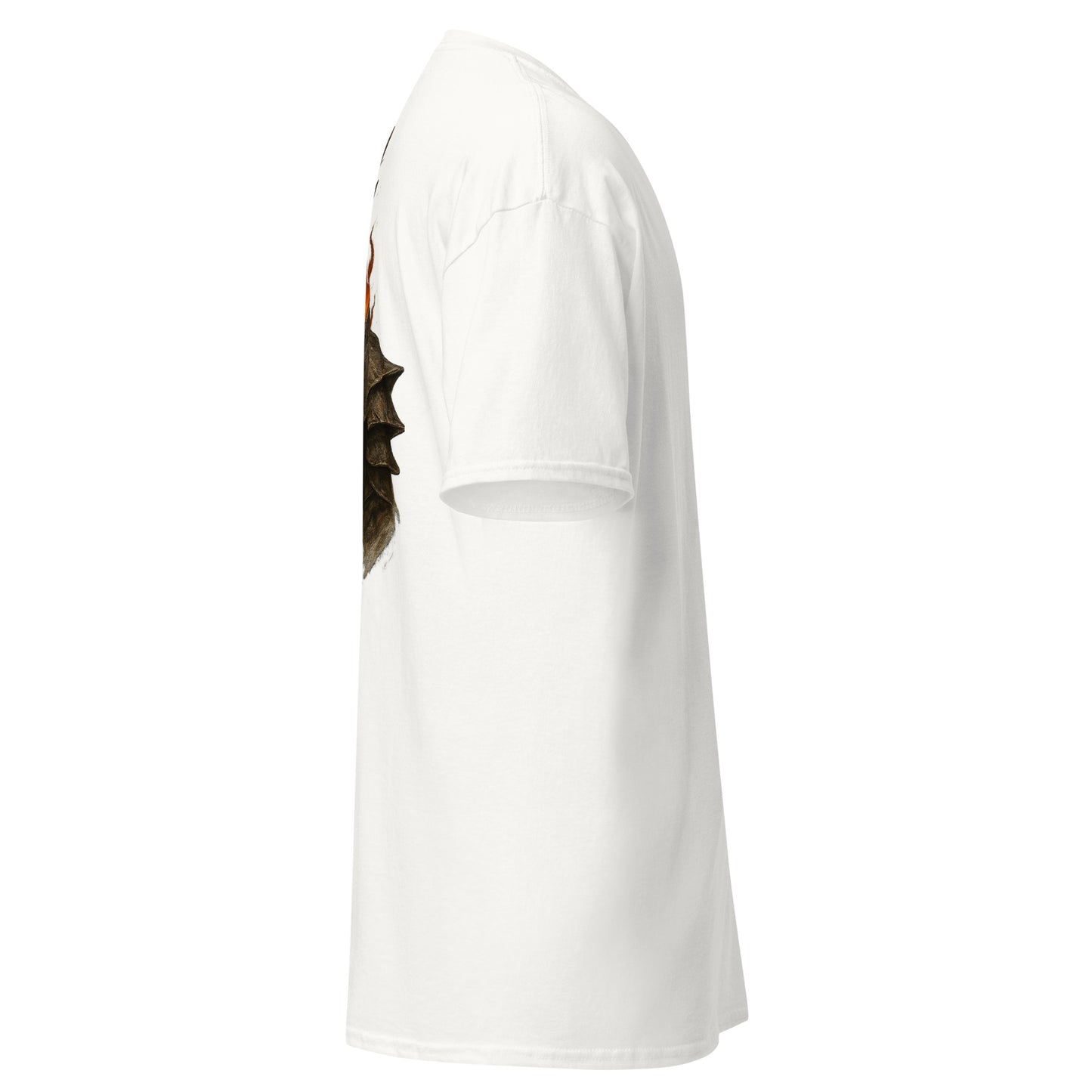 Right side view of the White Oblivion Imperial City Shirt – White Gold Tower Design showing side profile and sleeve shape