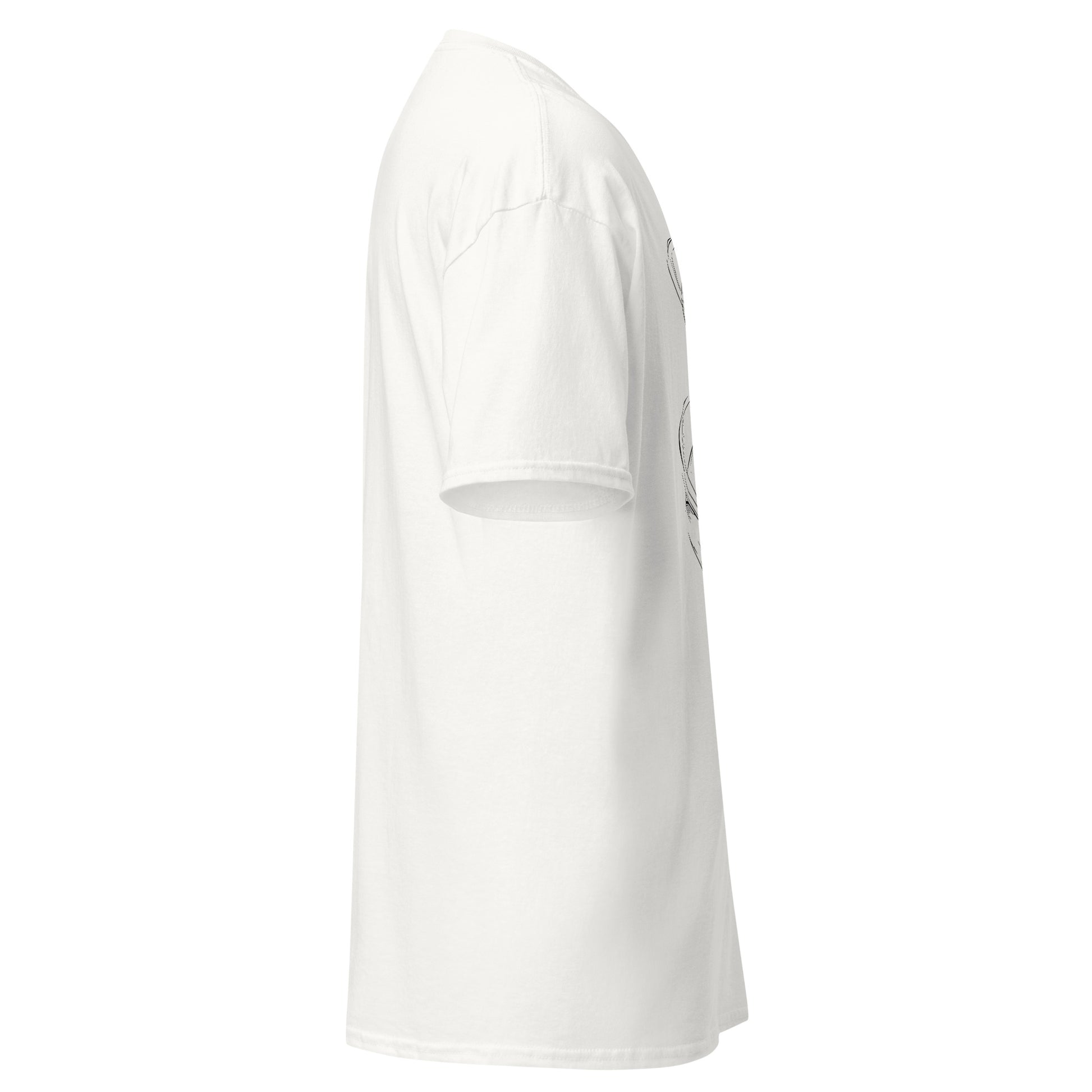 Right side view of the white Nine Sols Orbiting Focus Taopunk Motion graphic tee showing sleeve shape and straight silhouette