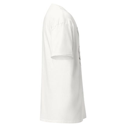 Right side view of the white Nine Sols Orbiting Focus Taopunk Motion graphic tee showing sleeve shape and straight silhouette
