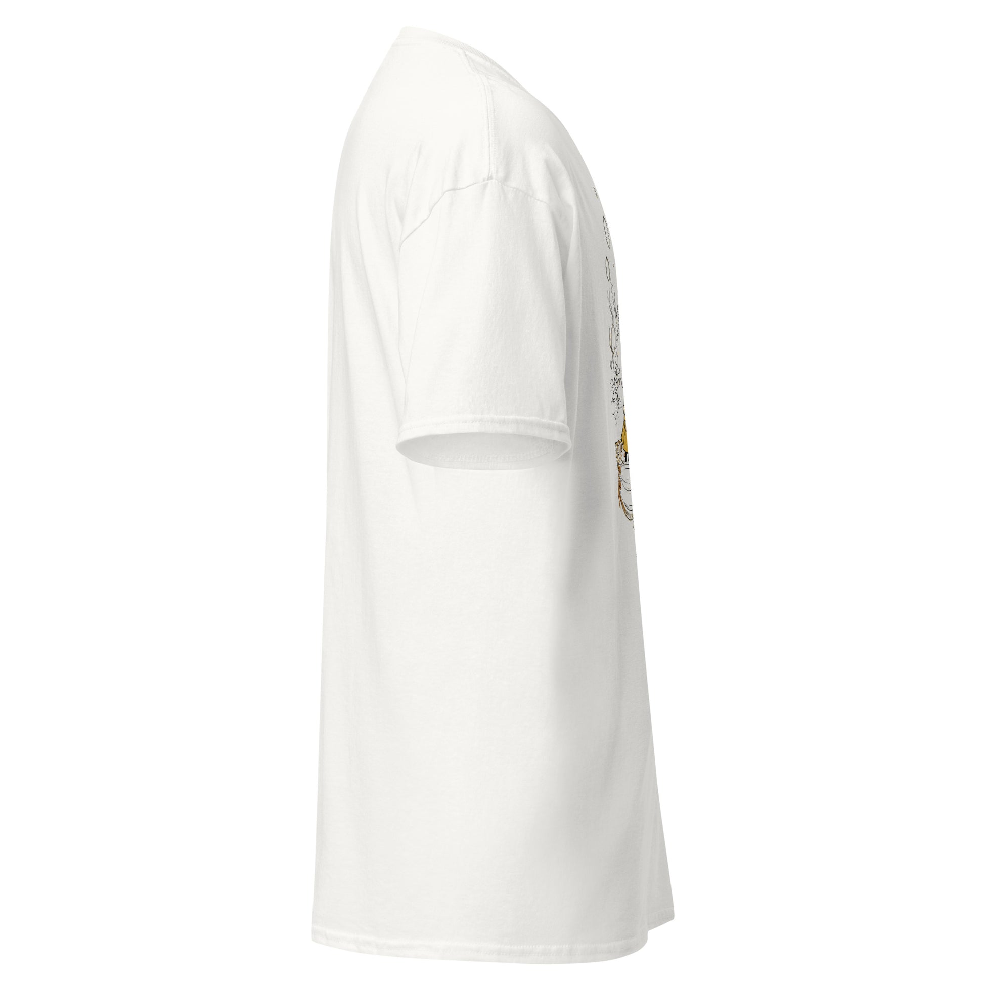Right side view of the white Nine Sols Butterfly Tee Golden Echo showing sleeve shape and straight silhouette