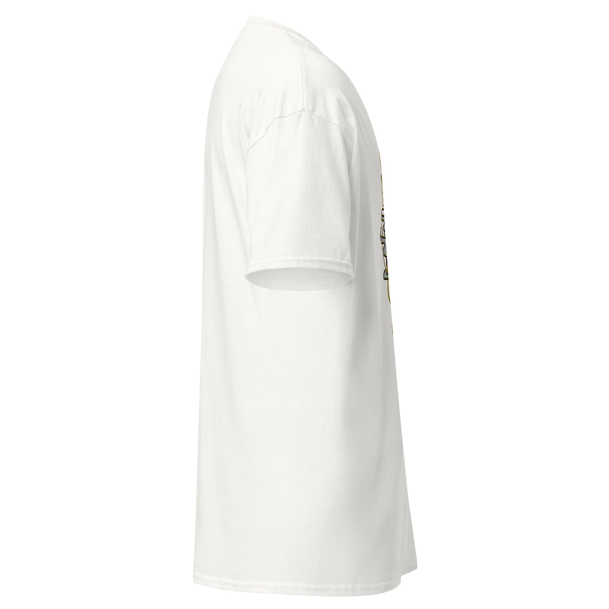 Right side view of the white Nine Sols Yin Yang Tee Balance Presence showing sleeve shape and straight silhouette