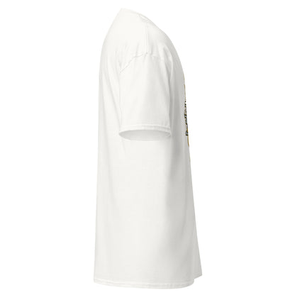 Right side view of the white Nine Sols Yin Yang Tee Balance Presence showing sleeve shape and straight silhouette